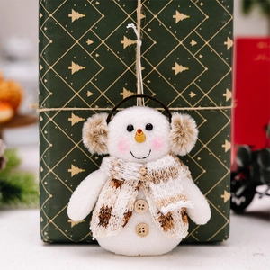 Detailed view of snowman Christmas ornament with knitted scarf and plush earmuffs