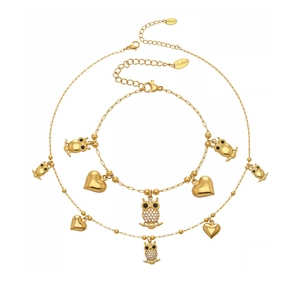 Goldschmuck-Set aus Edelstahl mit Eulen- und Herzanhängern und Zirkonia-Steinen