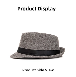 Side view detail of a classic gray sun hat with a decorative black satin ribbon band