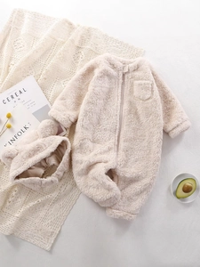Winter plush baby hooded romper set in apricot fleece with cute bear ears and zipper