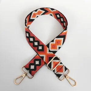 Detail of bohemian geometric woven shoulder strap No.9 with gold hardware swivel hooks