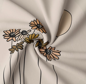 Close-up detail of soft knit tapestry featuring orange and pink daisy floral prints