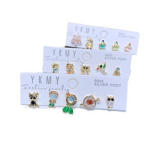 5-piece princess earring set with cat and planet designs featuring colorful zircons
