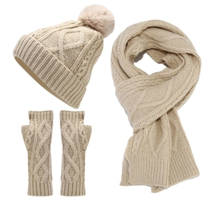Women's cable knit winter set with faux fur pompom hat, scarf, and fingerless gloves