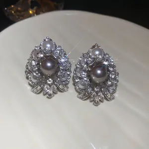 Elegant drop pearl earrings with teardrop water drop crystals in retro french style