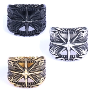 Feather Motif Stainless Steel Ring Biker Punk Retro Cross Star Two-Tone Wide Band Jewelry For Men Unisex