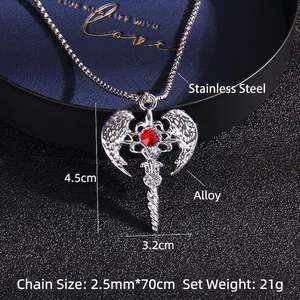 Titanium steel angel wings cross pendant necklace with a red gem for men in punk style