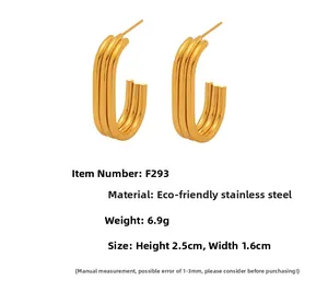 Detail view of triple-layered U-shaped gold stainless steel earrings with product dimensions