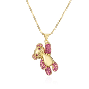 Collier avec pendentif ours doré serti de zircons roses sur une élégante chaîne à billes