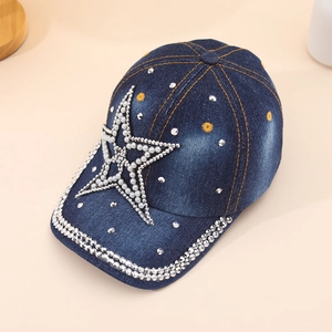 Casquette De Baseball En Denim Avec Étoile En Strass Et Künstliche Perles Ajustable Mode Bling Chapeau Soleil