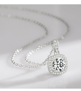 Macro shot of S925 silver halo pendant necklace with sparkling round zircon and fine chain