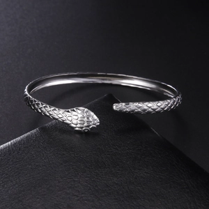 Detail of silver titanium steel snake bracelet showing scales and adjustable open design