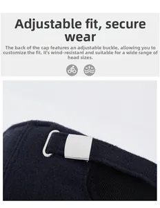 Detail of adjustable silver metal buckle on navy wool cap for custom head circumference