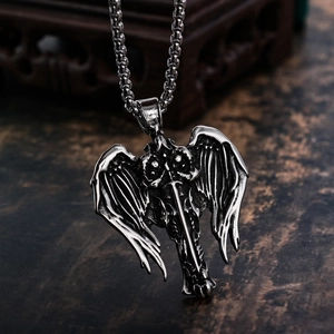 Gothic angel wing sword pendant in silver stainless steel with heavy link chain