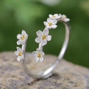 925 Sterling Silver Forget-Me-Not Flower Open Ring For Women Adjustable 18K Gold Plated Floral Finger Ring Handmade Jewelry Gift