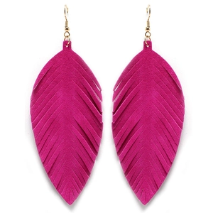 Macro shot of hot pink feather leaf earrings with elegant gold hooks on white background