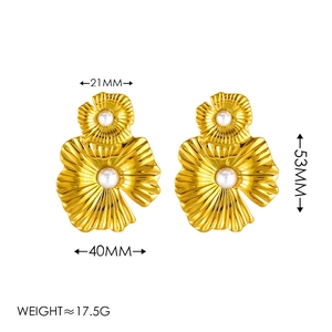 Elegant gold leaf flower earrings with pearls and size measurements shown in a high-quality view