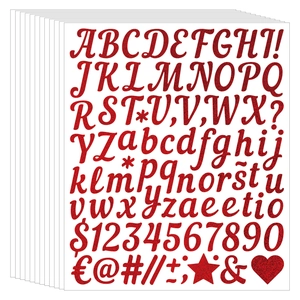 Detail of red glitter 1 inch waterproof alphabet and number stickers for DIY crafts
