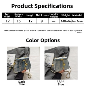 Size chart showing denim mini crossbody bag dimensions and material specifications