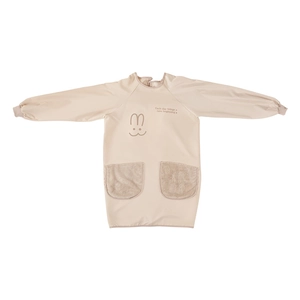 Waterproof long-sleeved kitchen apron in beige with cute rabbit print and pockets