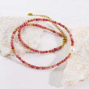 Elegant beaded necklace with faceted pink stone, white pearl and stainless steel chain