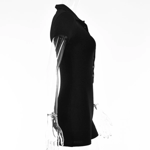 Detailed side view of black short sleeve polo romper with button closure and textured fabric