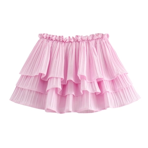 Pink tiered ruffle mini skirt with elastic waist and pleated layers on white background