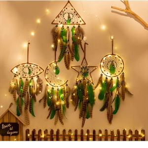 Detail of LED dreamcatcher set with feathers and beads in varied geometric shapes