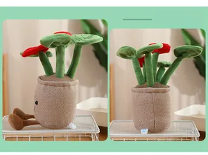 Detail of plush anthurium plant toy with facial expression and CE certification tag