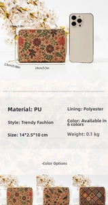 Detailed size specifications for the vintage floral print wallet measuring 14x2.5x10 cm
