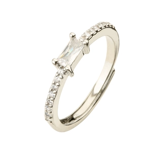 Silver ring with rectangular clear zircon and pavé diamonds in adjustable open design