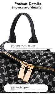 Detail of black leather handle and smooth golden double zippers on the printed backpack