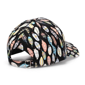 Artistic baseball cap with colorful feather prints and adjustable metal buckle back