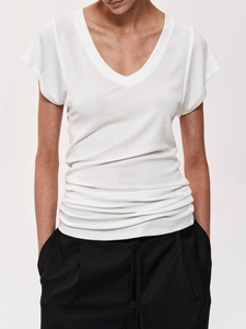 Slim fit white V-neck short sleeve T-shirt for women in premium tencel wool blend fabric