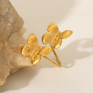 Adjustable golden stainless steel open ring featuring a delicate double butterfly design