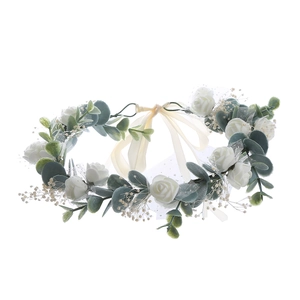 Adjustable bridal flower crown with white roses and eucalyptus leaves for weddings