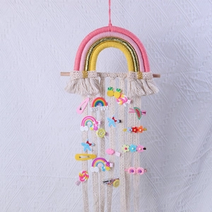 Boho rainbow woven hair clip holder and wall hanging decor for kids room organization