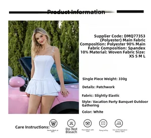 Detail view of white flare dress fabric composition 90% polyester and 10% spandex material