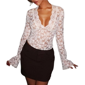 Elegant white lace long sleeve top with deep V-neck and flared cuffs on white background