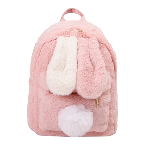 Detailed view of pink plush rabbit backpack with long ears and white pom-pom tail