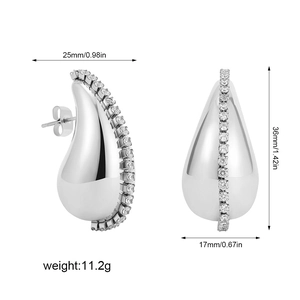 Detail showing dimensions of silver teardrop earrings with zircons and metal luster