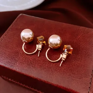Boucles D'oreilles Élégantes Vintage Français Avec Tige En Argent Sterling 925 Künstliche Perle Champagne Et Verre Géométrique Ambre