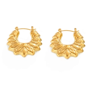Chic 18k gold plated stainless steel hollow flower hoop earrings with textured finish