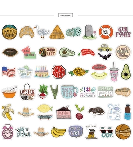 Flat lay of colorful waterproof VSCO stickers for luggage and skateboards set