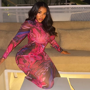 Slim fit long sleeve turtleneck dress with rose red abstract print for women