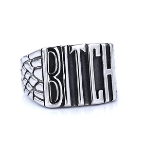 Silver punk rocker stainless steel wide band ring with raised BITCH letter design