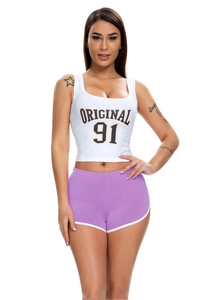 Detail view of the original 91 print on white crop top and purple sporty shorts