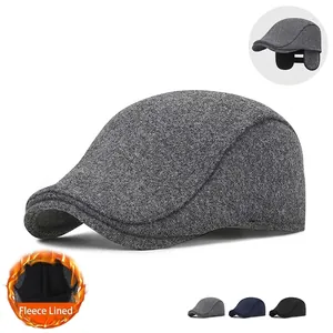 Men Winter Ivy Cap Woolen Flat Cap With Foldable Earmuffs Fleece Lined Warm Windproof Outdoor Retro British Style