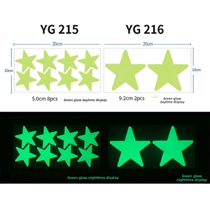 Luminous star wall stickers size chart showing day and night green glow effects