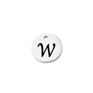 Close-up of polished stainless steel round tag pendant with laser engraved letter W